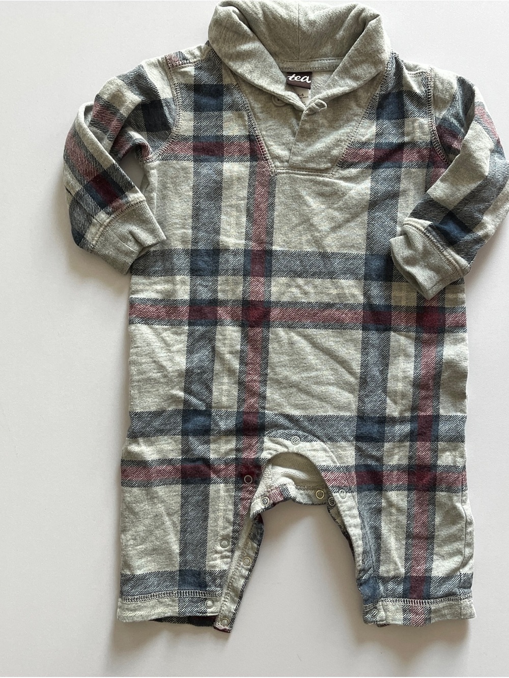 Tea Collection romper baby boy 3-6 months cotton long sleeve plaid cotton gray